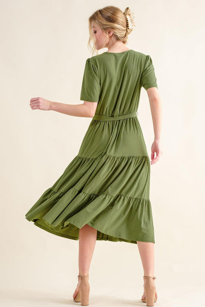 Soft Short Sleeve Tiered Midi Dress - Olive Ave