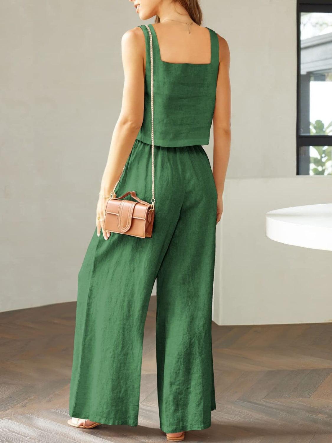 Square Neck Top and Wide Leg Pants Set in 8 Colors - Olive Ave