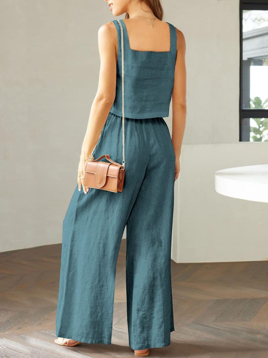 Square Neck Top and Wide Leg Pants Set in 8 Colors - Olive Ave