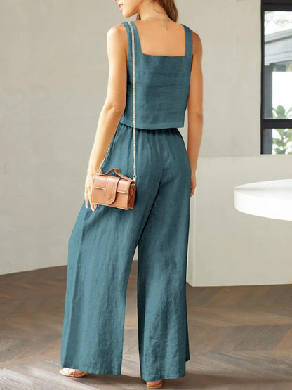 Square Neck Top and Wide Leg Pants Set in 8 Colors - Olive Ave