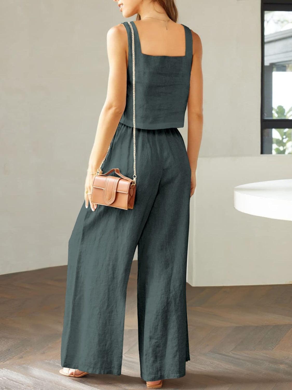 Square Neck Top and Wide Leg Pants Set in 8 Colors - Olive Ave