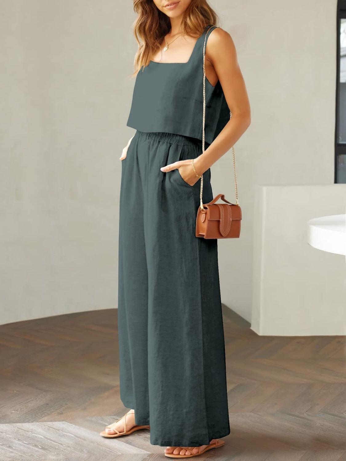 Square Neck Top and Wide Leg Pants Set in 8 Colors - Olive Ave