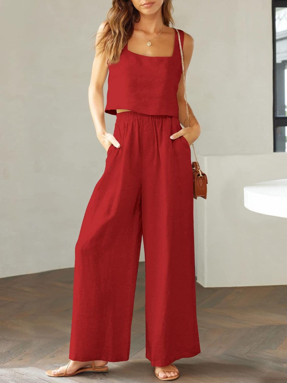 Square Neck Top and Wide Leg Pants Set in 8 Colors - Olive Ave