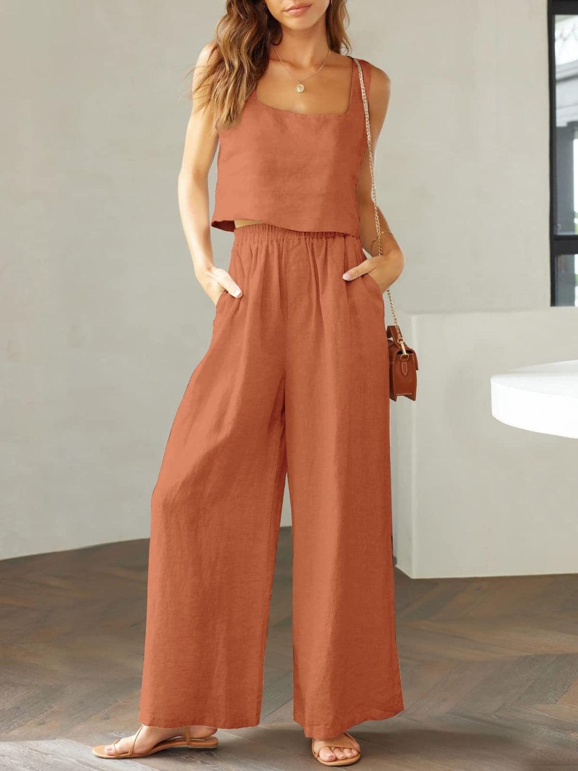 Square Neck Top and Wide Leg Pants Set in 8 Colors - Olive Ave