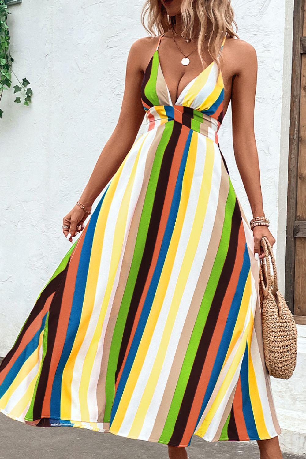 Stripe Crisscross Backless Dress - Olive Ave