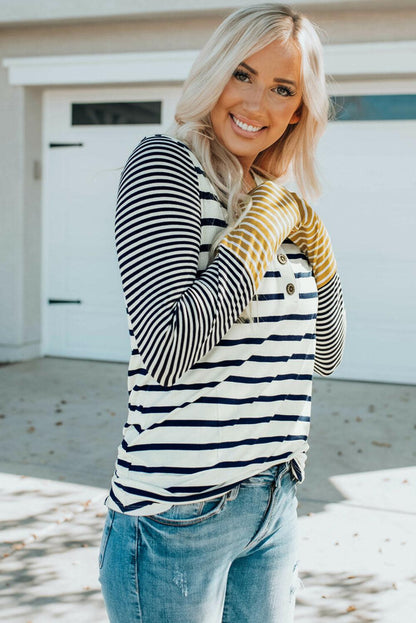 Striped Buttoned Long Sleeve Top - Olive Ave