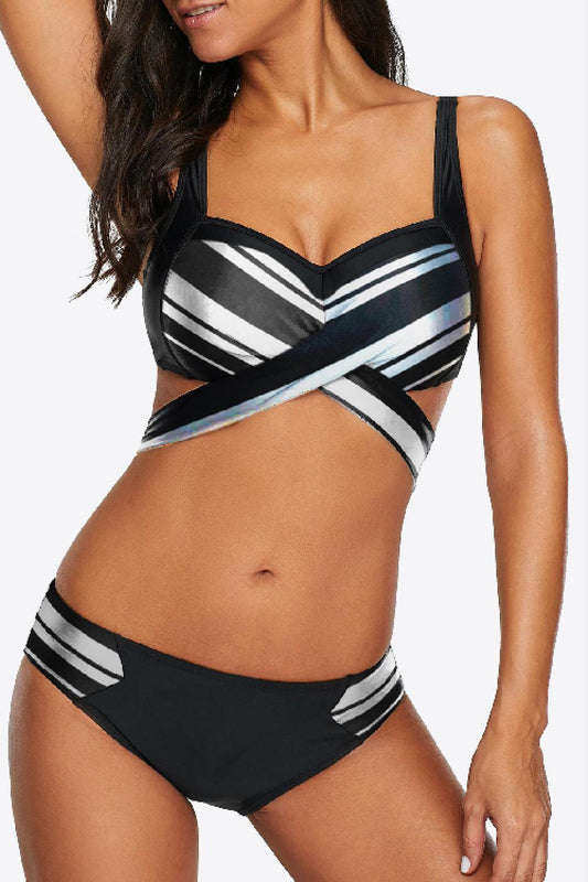 Striped Crisscross Tie-Back Bikini Set - Olive Ave