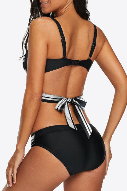 Striped Crisscross Tie-Back Bikini Set - Olive Ave