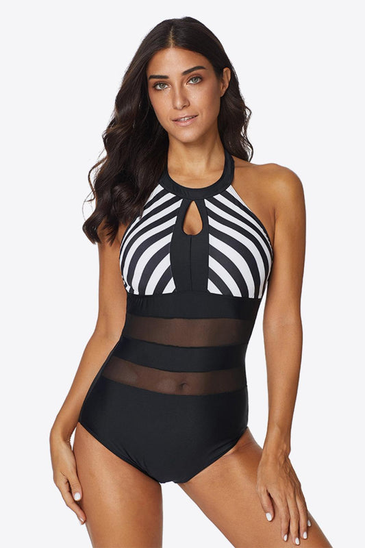 Striped Cutout Mesh Halter One-Piece Swimsuit - Olive Ave