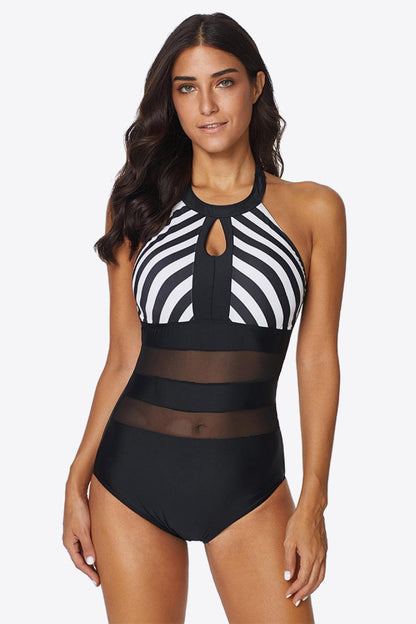 Striped Cutout Mesh Halter One-Piece Swimsuit - Olive Ave