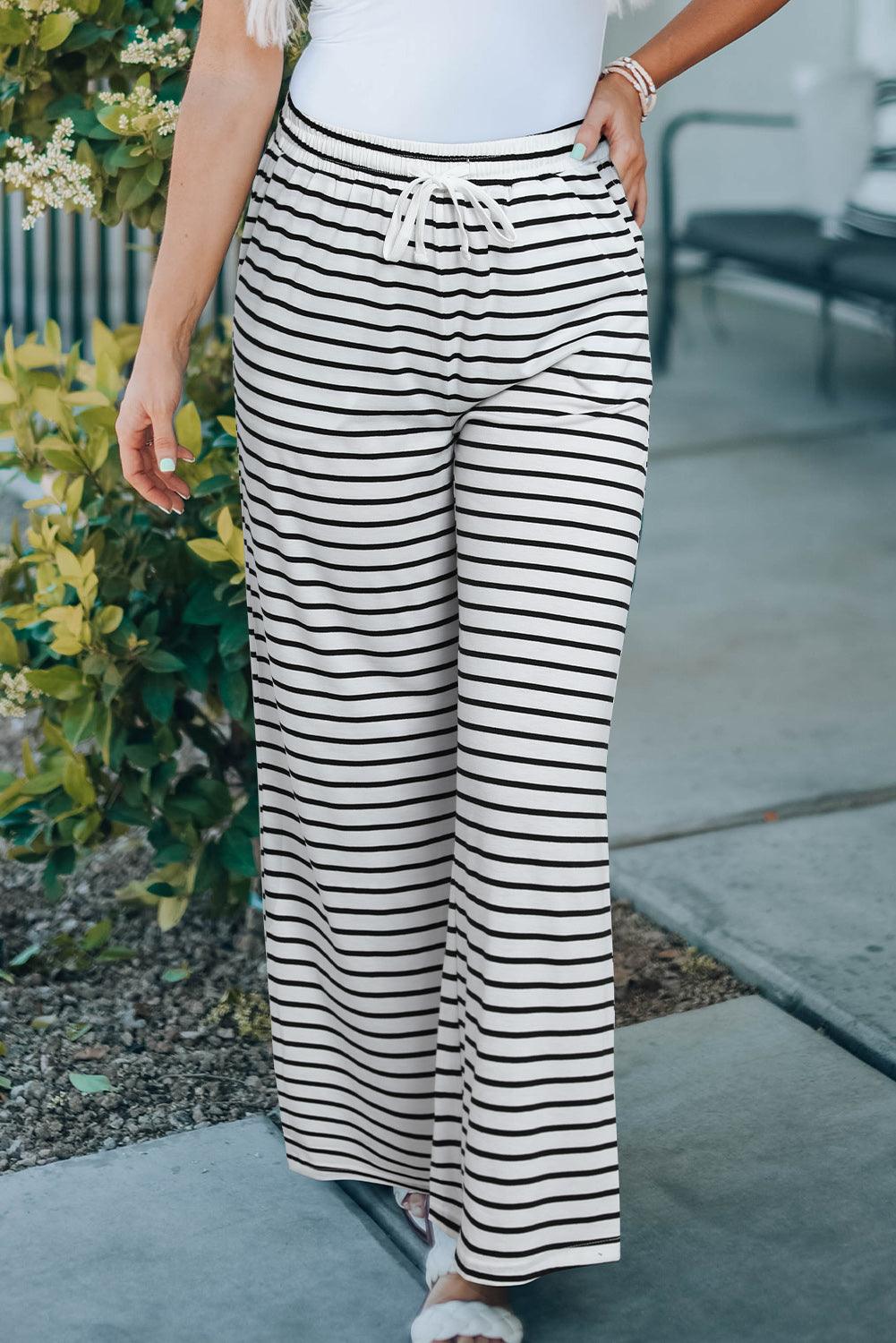 Striped Drawstring Waist Wide Leg Pants - Olive Ave