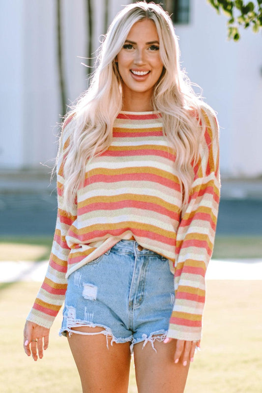 Striped Dropped Shoulder Pullover Sweater - Olive Ave