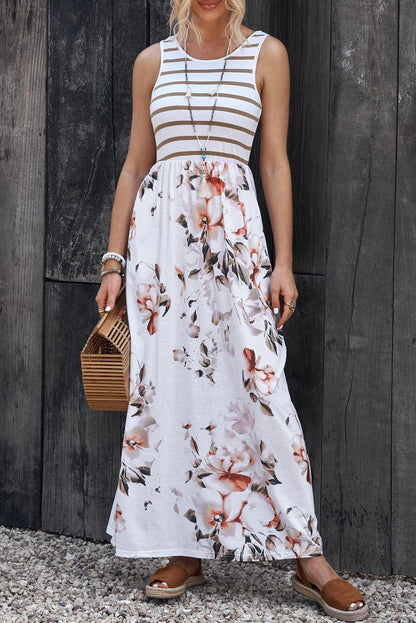 Striped Floral Sleeveless Maxi Dress - Olive Ave