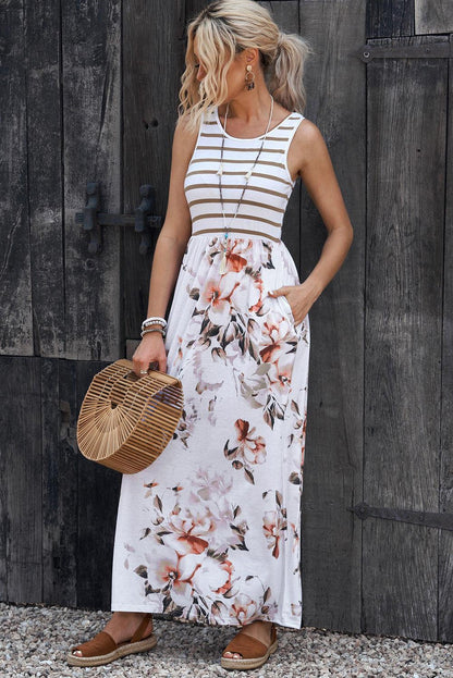 Striped Floral Sleeveless Maxi Dress - Olive Ave