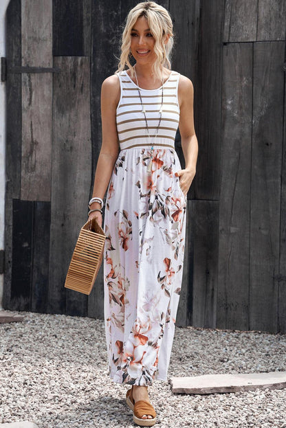 Striped Floral Sleeveless Maxi Dress - Olive Ave