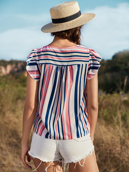 Striped Flutter Sleeve Tied Blouse - Olive Ave