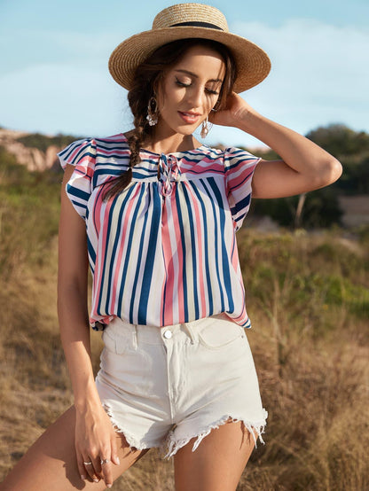 Striped Flutter Sleeve Tied Blouse - Olive Ave