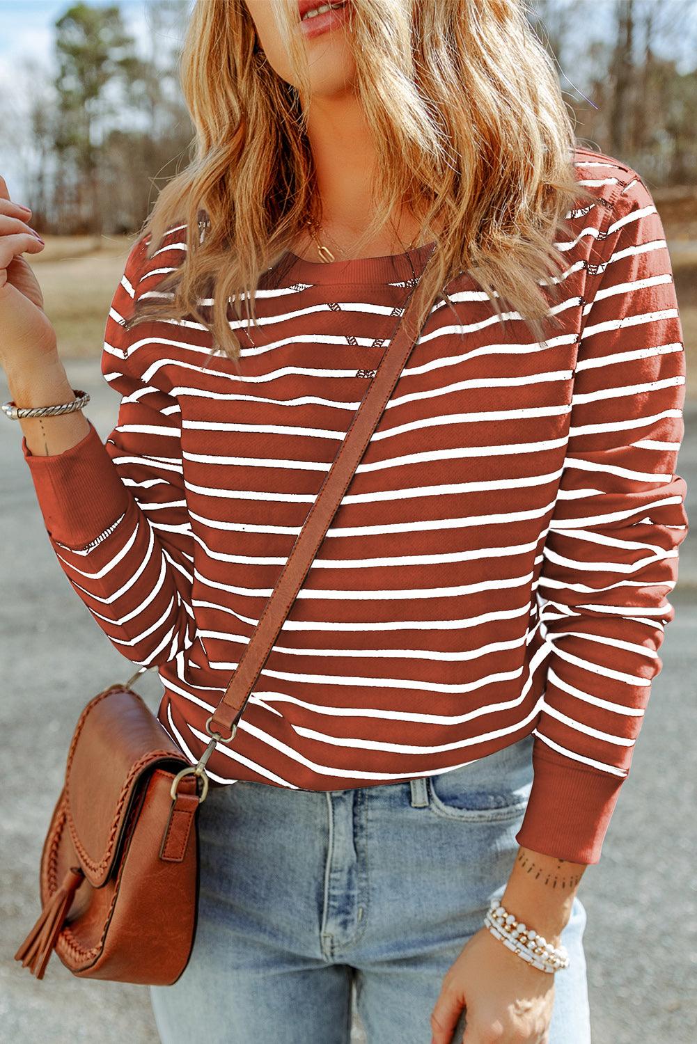 Striped Long Sleeve Round Neck Top - Olive Ave