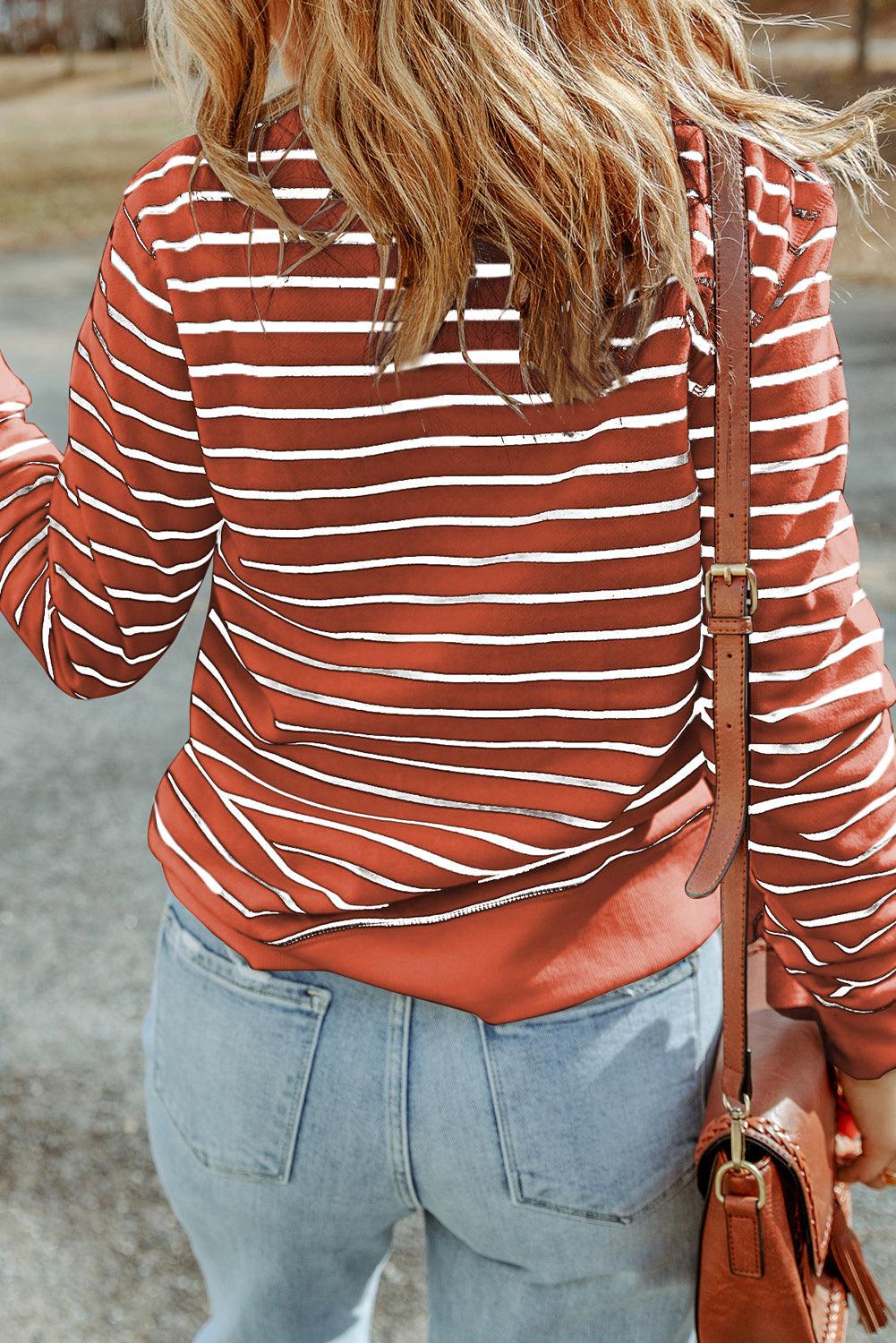 Striped Long Sleeve Round Neck Top - Olive Ave