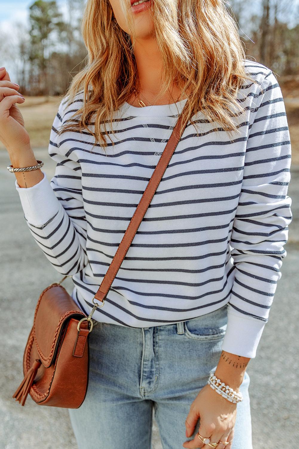 Striped Long Sleeve Round Neck Top - Olive Ave