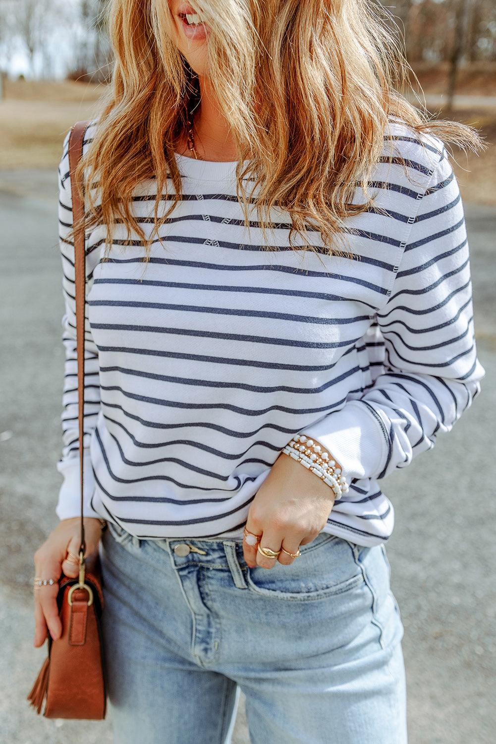 Striped Long Sleeve Round Neck Top - Olive Ave