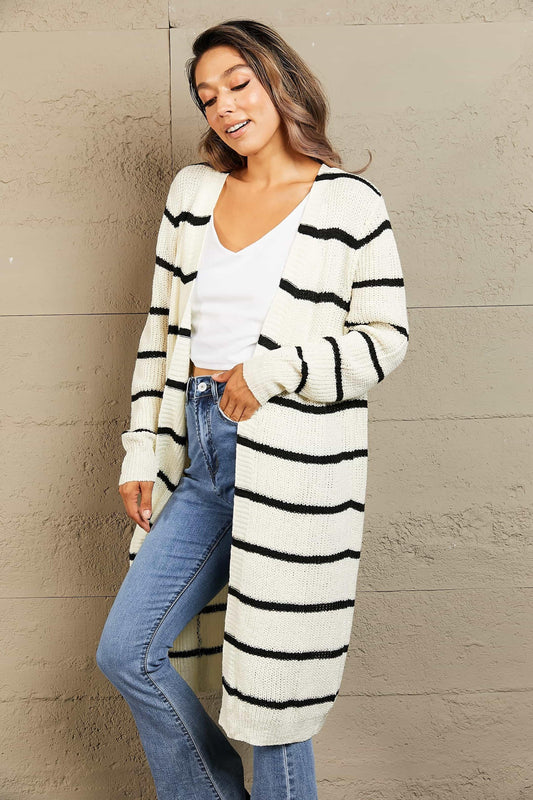 Striped Open Front Duster Cardigan - Olive Ave