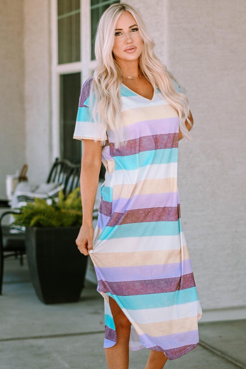 Striped V-Neck Midi Dress - Olive Ave