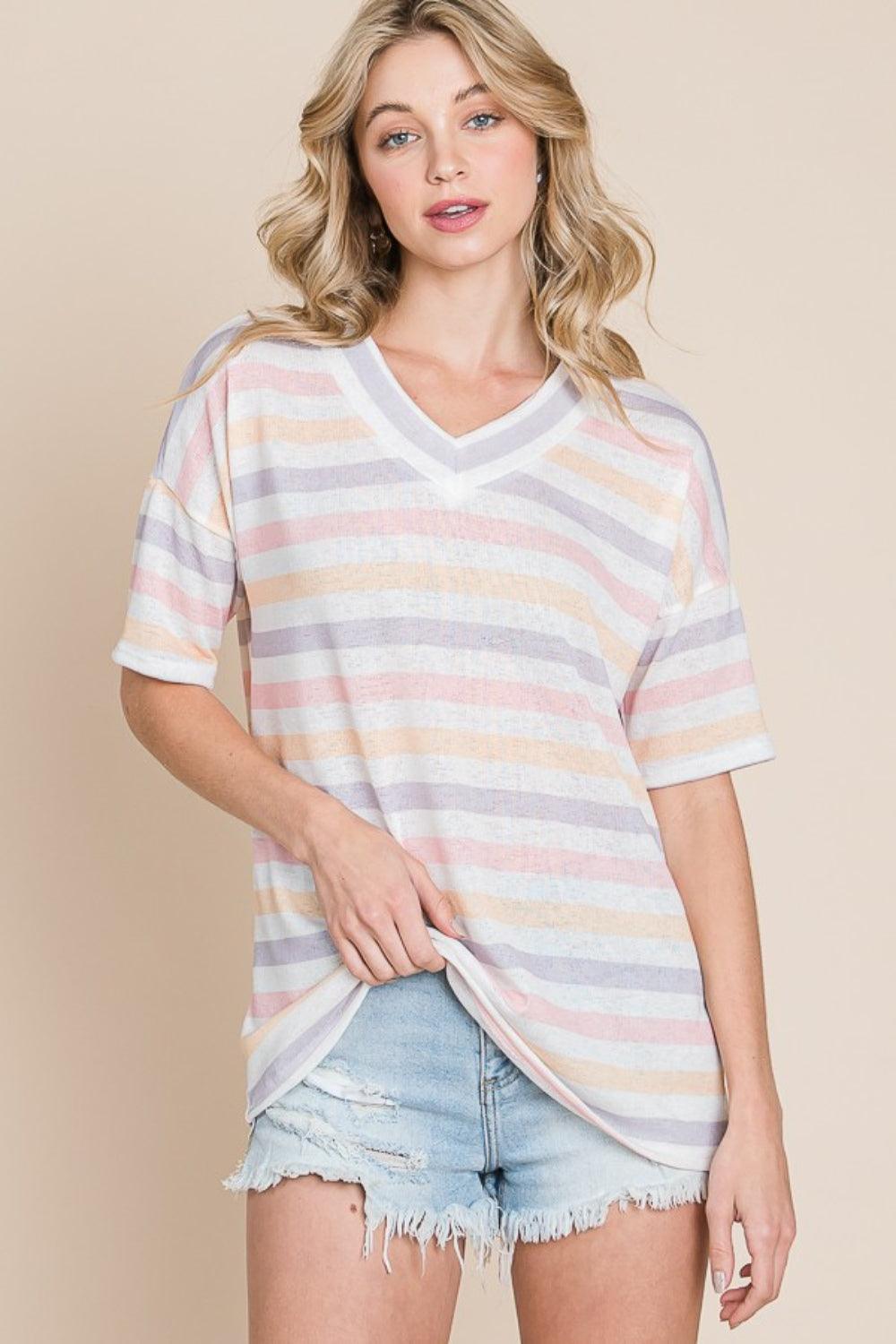 Striped V-Neck T-Shirt - Olive Ave