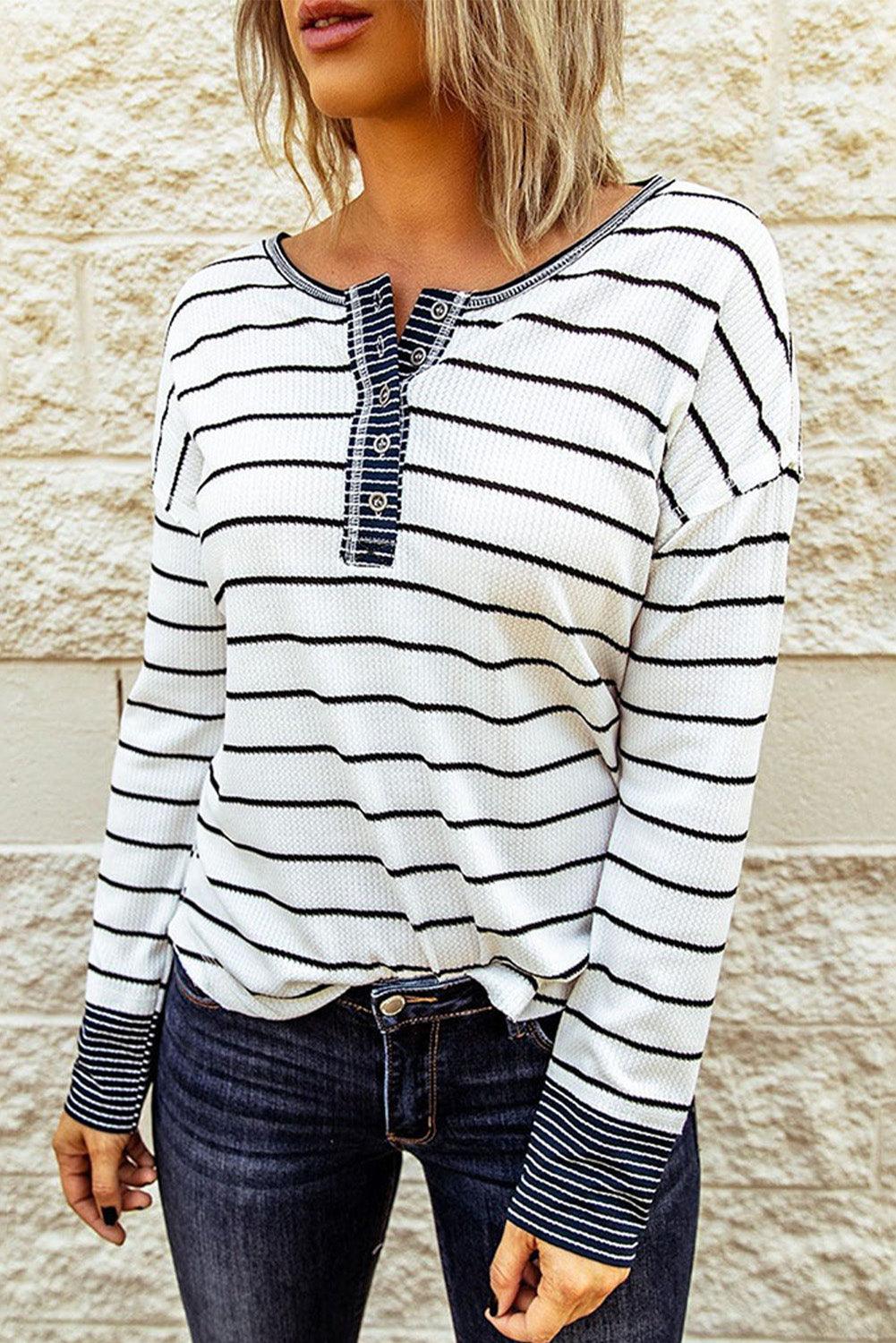 Striped Waffle Knit Henley Long Sleeve Top - Olive Ave