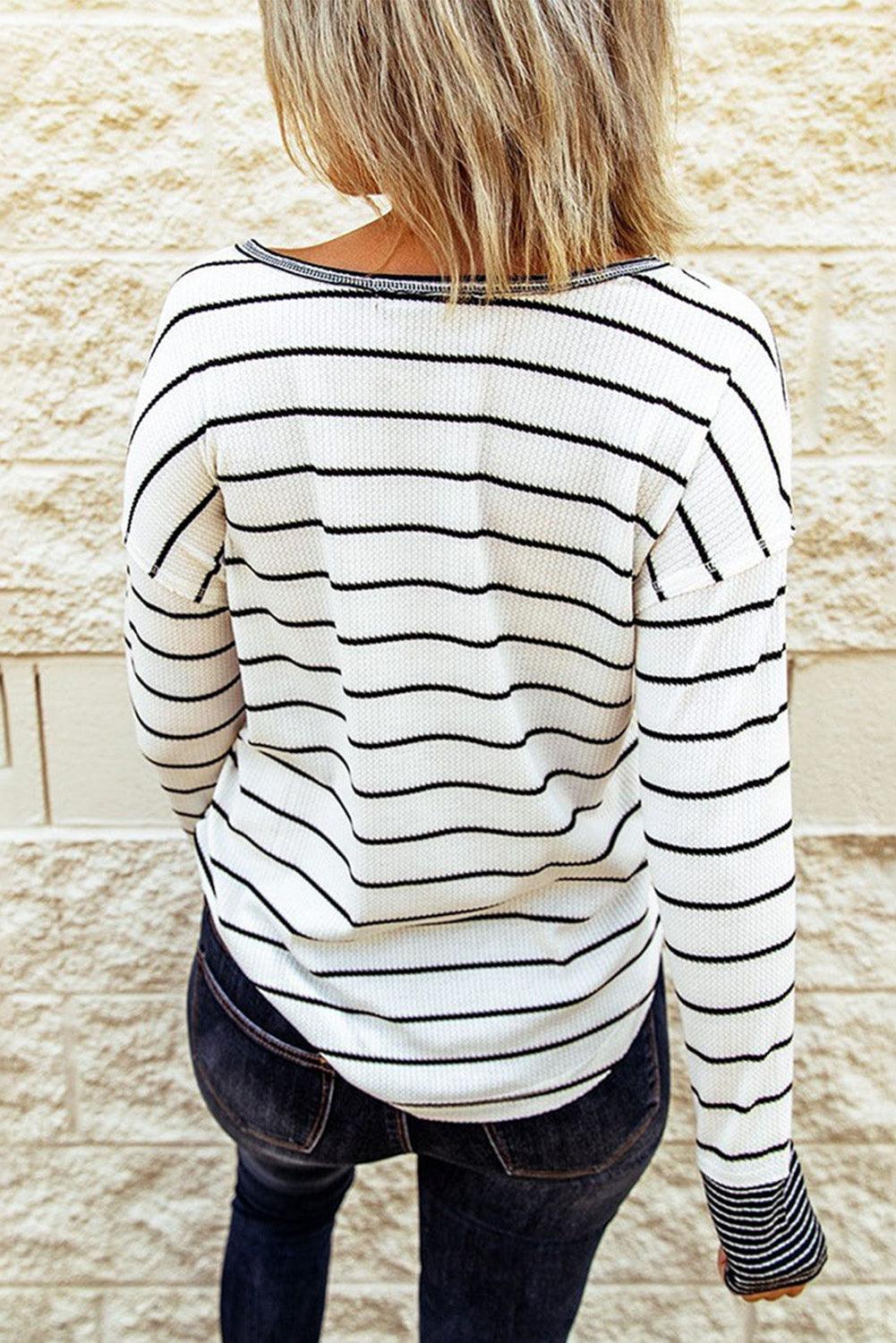 Striped Waffle Knit Henley Long Sleeve Top - Olive Ave