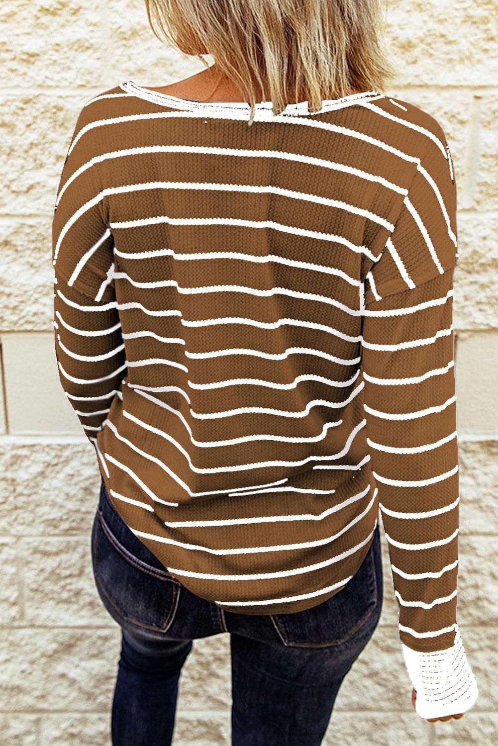 Striped Waffle Knit Henley Long Sleeve Top - Olive Ave