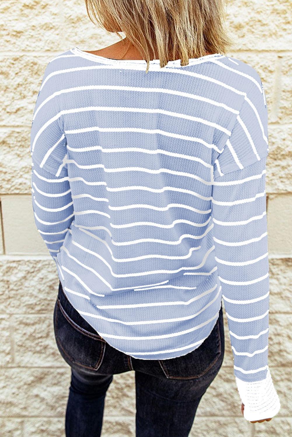 Striped Waffle Knit Henley Long Sleeve Top - Olive Ave