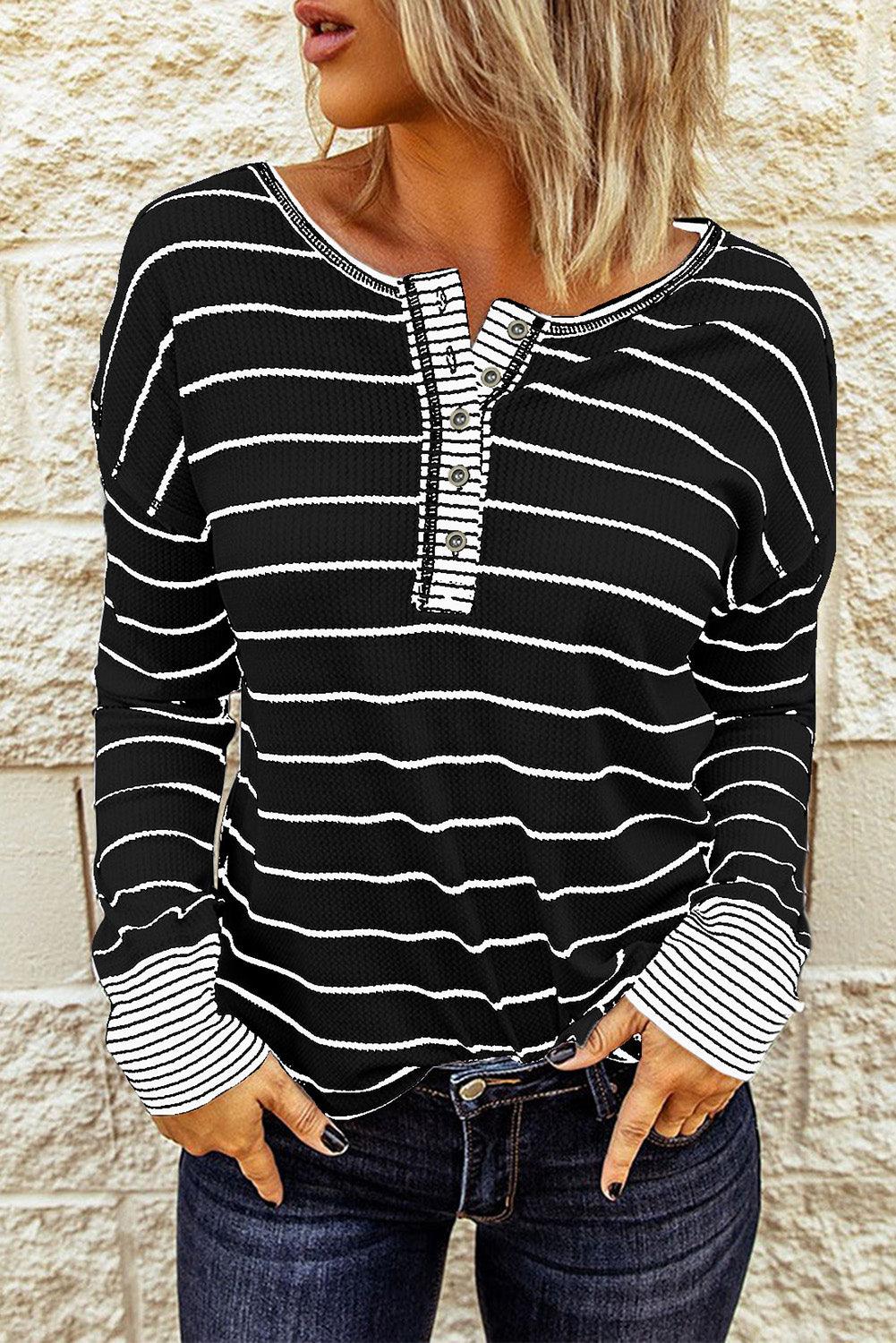 Striped Waffle Knit Henley Long Sleeve Top - Olive Ave