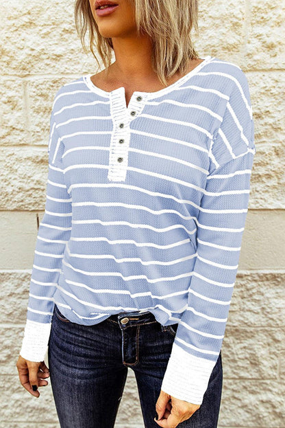 Striped Waffle Knit Henley Long Sleeve Top - Olive Ave