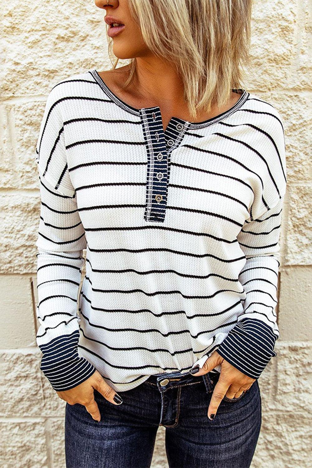 Striped Waffle Knit Henley Long Sleeve Top - Olive Ave