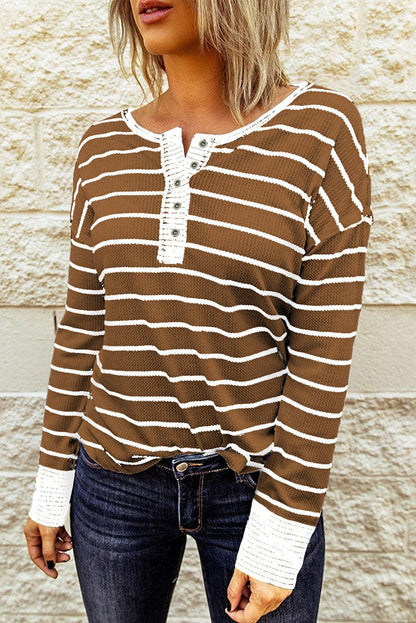 Striped Waffle Knit Henley Long Sleeve Top - Olive Ave