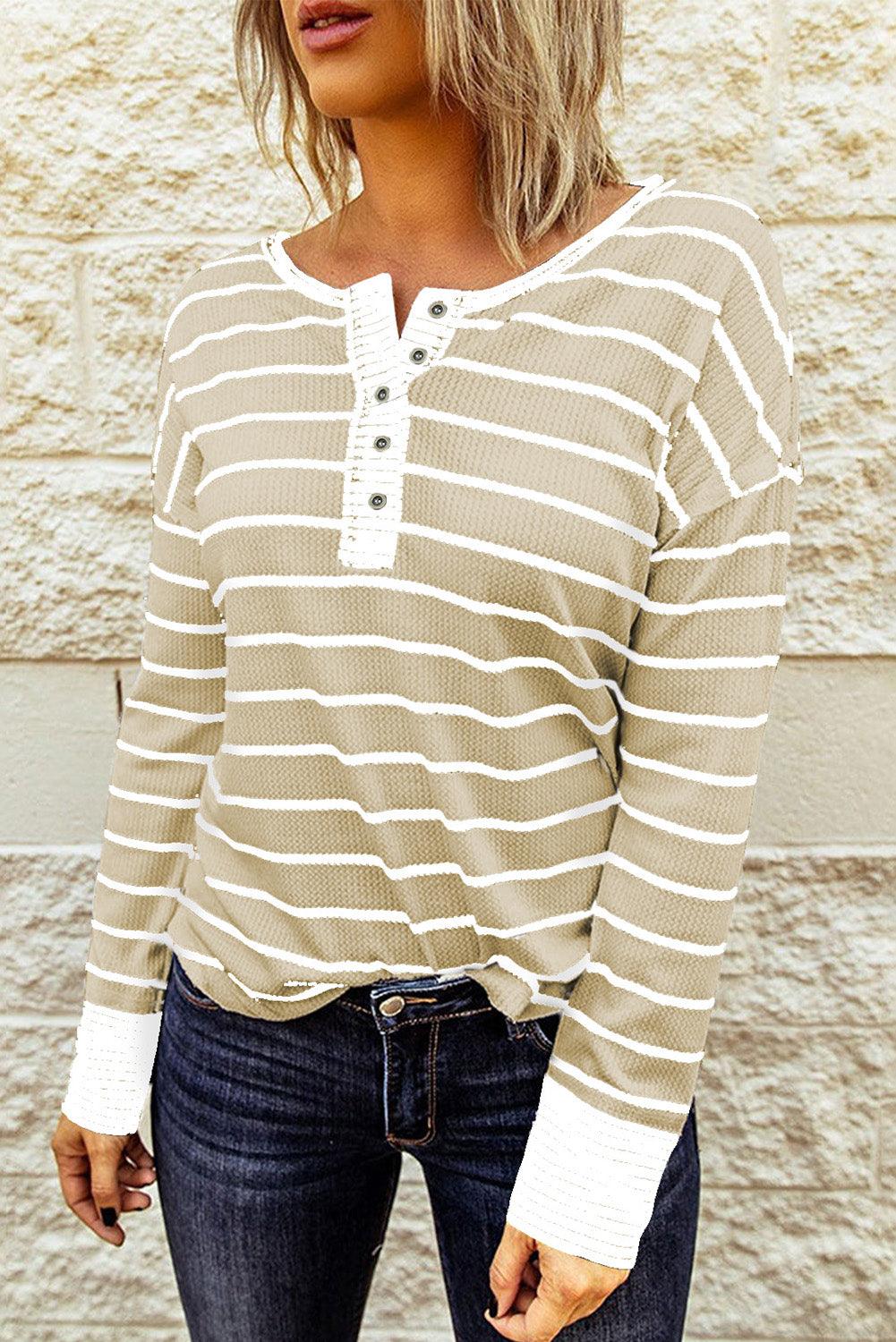 Striped Waffle Knit Henley Long Sleeve Top - Olive Ave