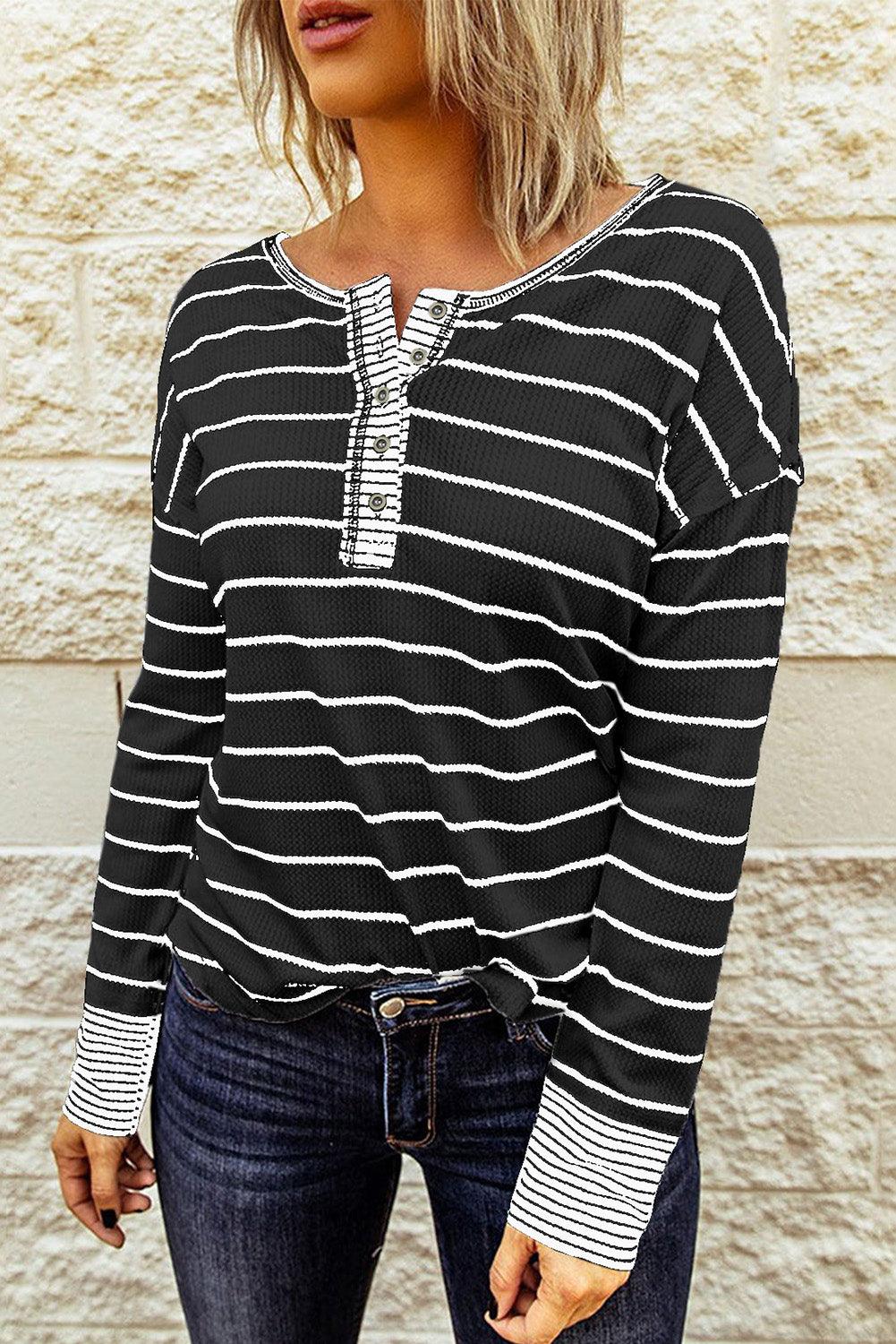 Striped Waffle Knit Henley Long Sleeve Top - Olive Ave