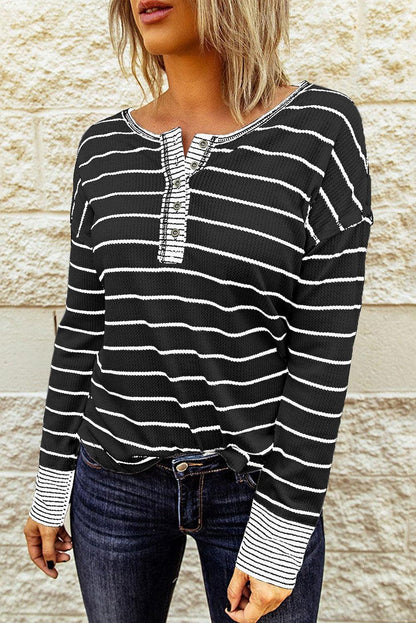 Striped Waffle Knit Henley Long Sleeve Top - Olive Ave