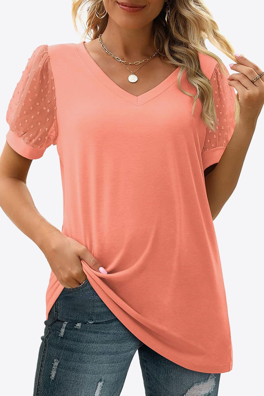 Swiss Dot Puff Sleeve V-Neck Tee - Olive Ave