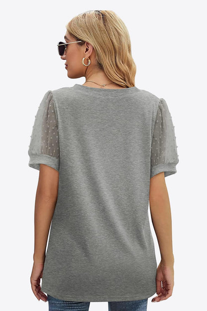 Swiss Dot Puff Sleeve V-Neck Tee - Olive Ave