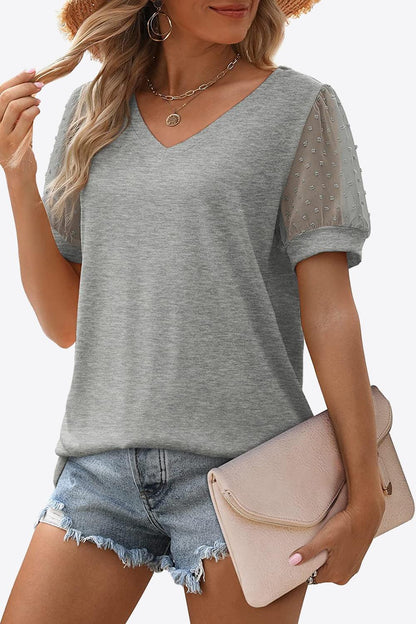 Swiss Dot Puff Sleeve V-Neck Tee - Olive Ave