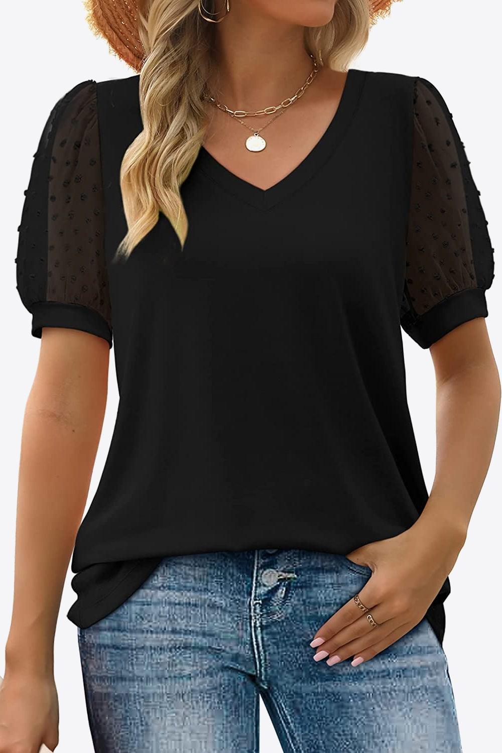 Swiss Dot Puff Sleeve V-Neck Tee - Olive Ave