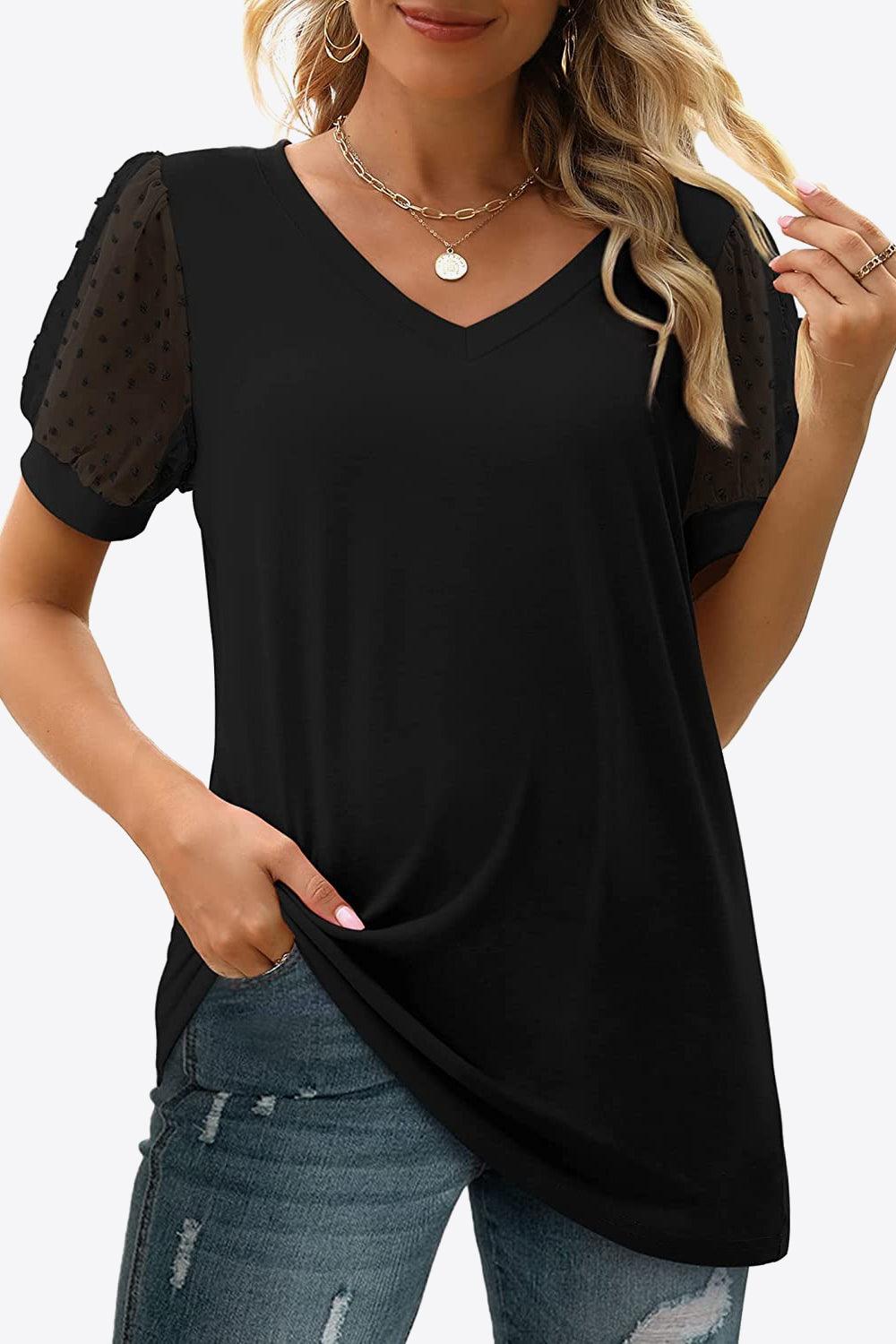 Swiss Dot Puff Sleeve V-Neck Tee - Olive Ave