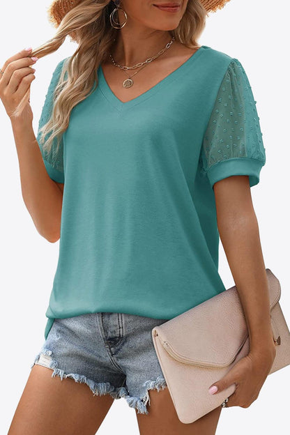 Swiss Dot Puff Sleeve V-Neck Tee - Olive Ave