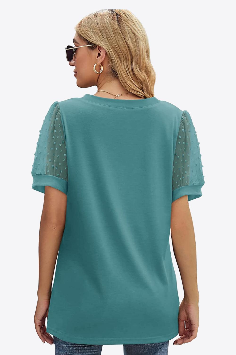 Swiss Dot Puff Sleeve V-Neck Tee - Olive Ave