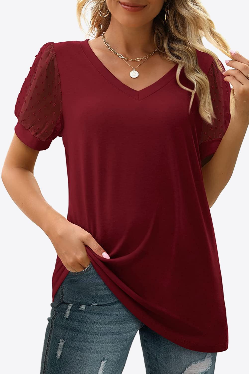 Swiss Dot Puff Sleeve V-Neck Tee - Olive Ave