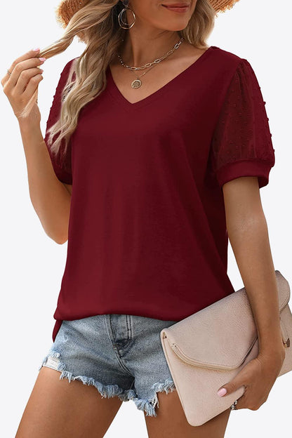 Swiss Dot Puff Sleeve V-Neck Tee - Olive Ave