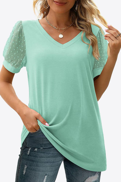 Swiss Dot Puff Sleeve V-Neck Tee - Olive Ave