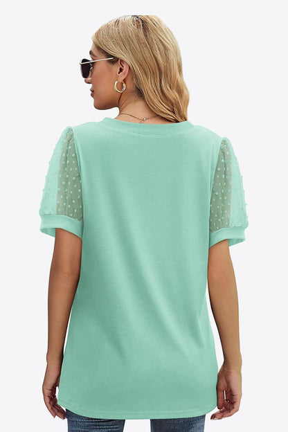 Swiss Dot Puff Sleeve V-Neck Tee - Olive Ave